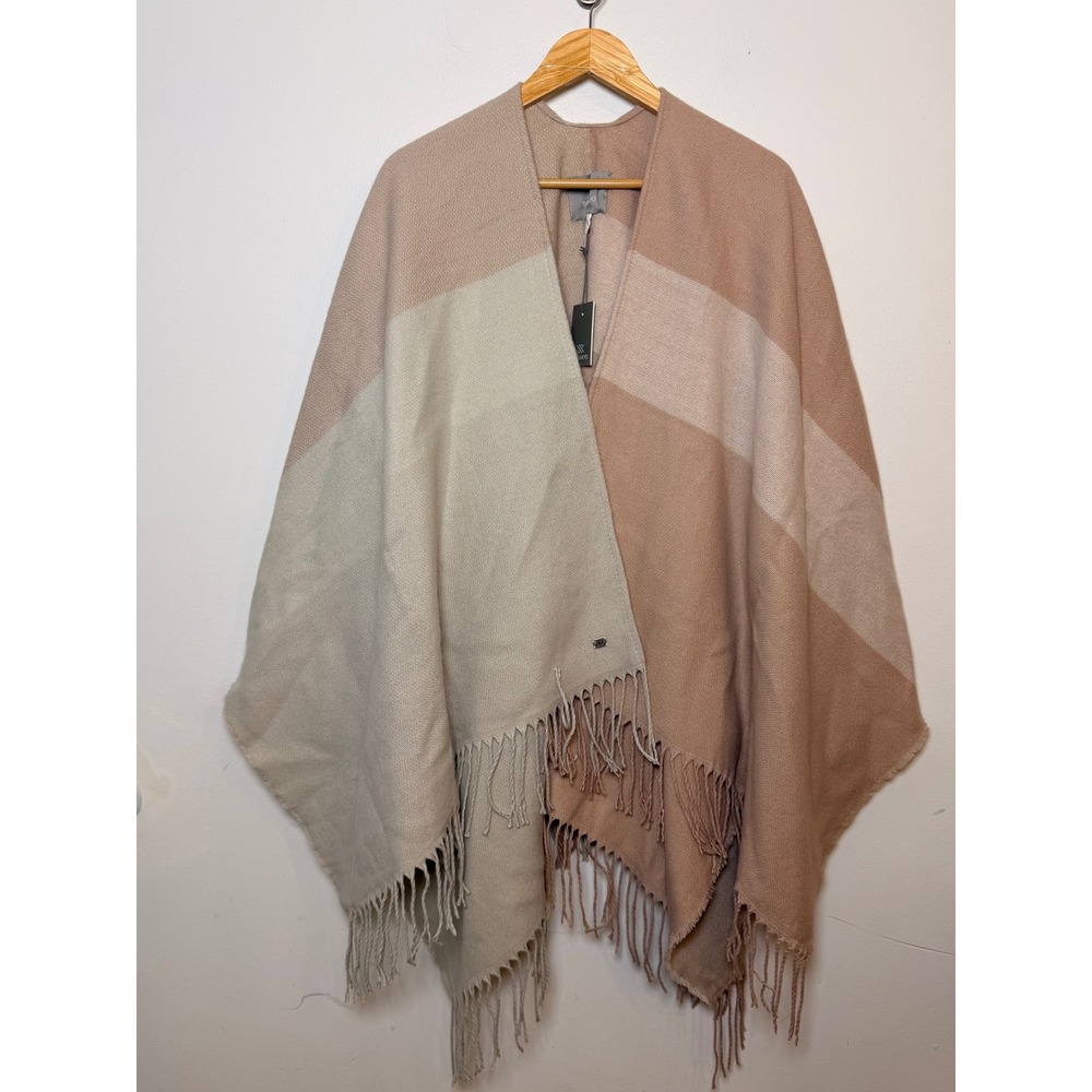 Soia & Kyo Womens Colorblock Fringe Wrap Shawl Poncho Blush Cream Tan NEW